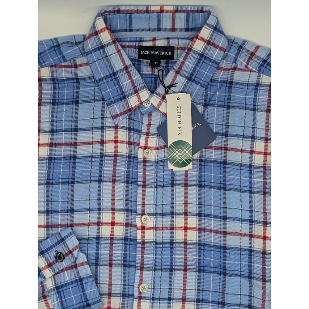 Jack Maverick Men's Large Flannel Shirt Long‎ Sleeve Button Down Blue Plaid NEW